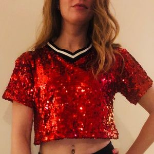 Red sequin crop top (held for swaprobe)